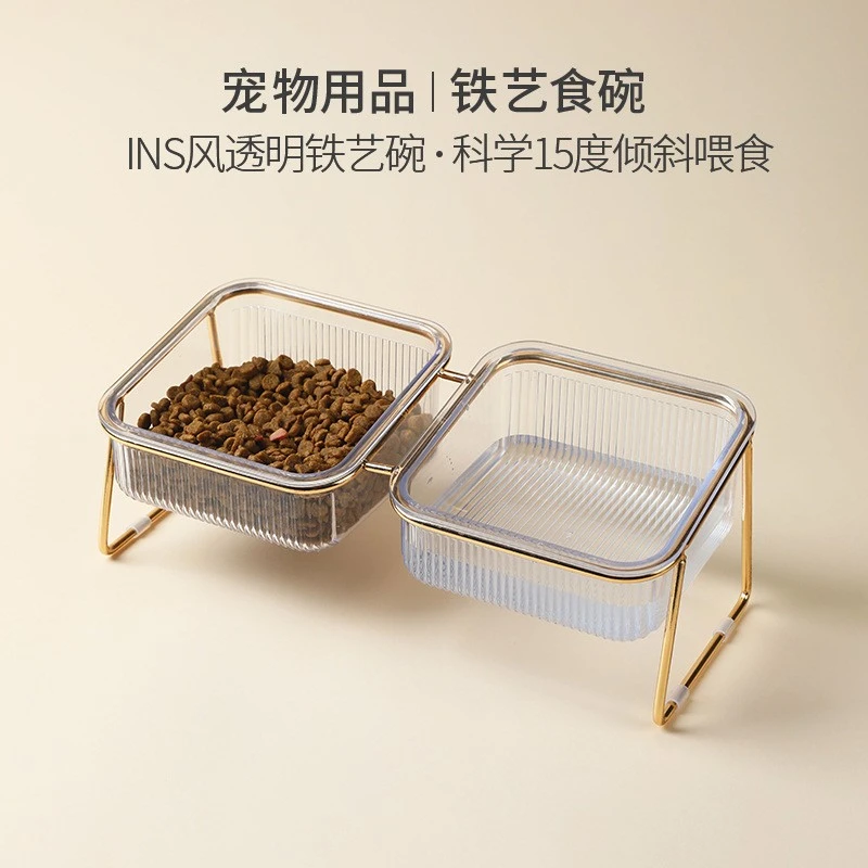 宠物高脚碗猫碗铁艺双碗猫咪碗斜口护颈喝水碗猫粮食盆狗碗易清洗