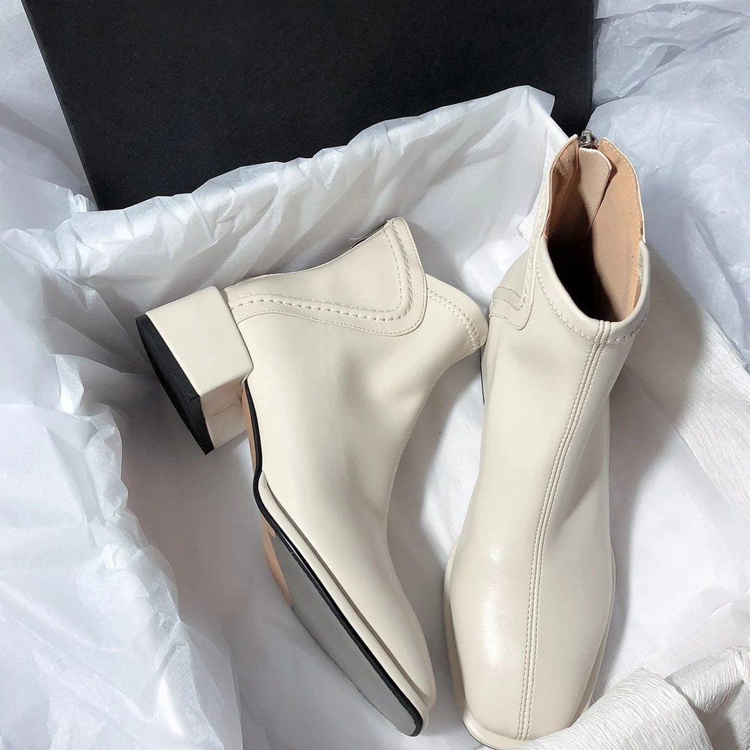 中跟短靴时装靴纯色拼接后拉链低筒女方头裸靴粗跟