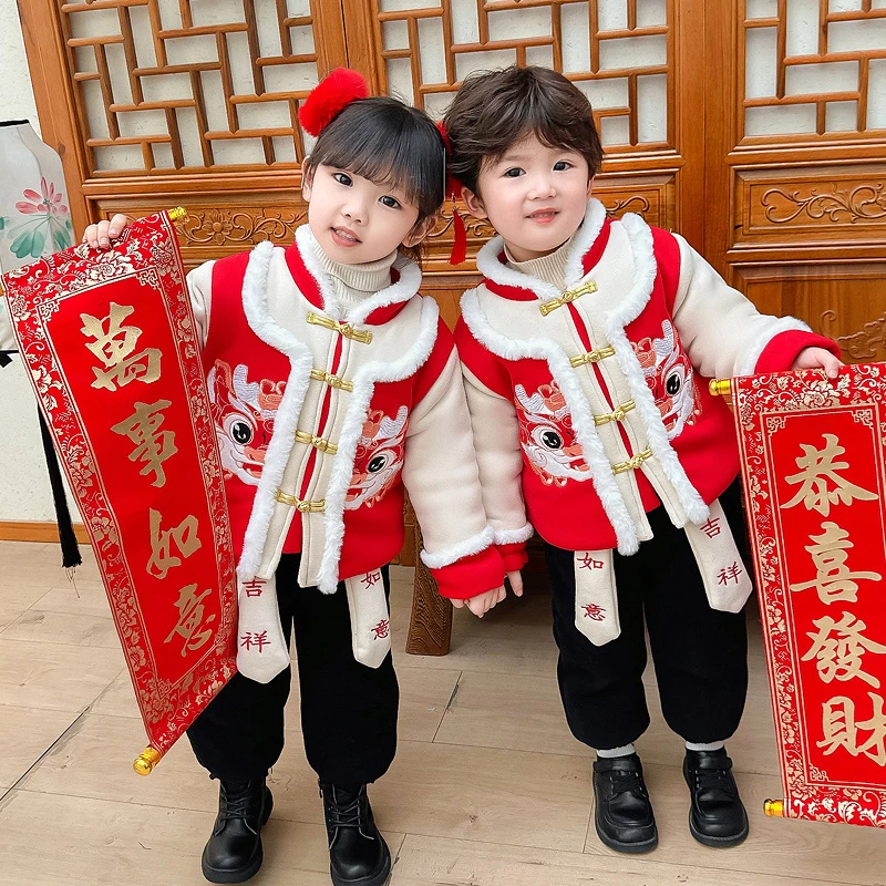 新爆款冬季年装男女童加绒保暖冬款唐装汉服儿童民族国潮风拜年服