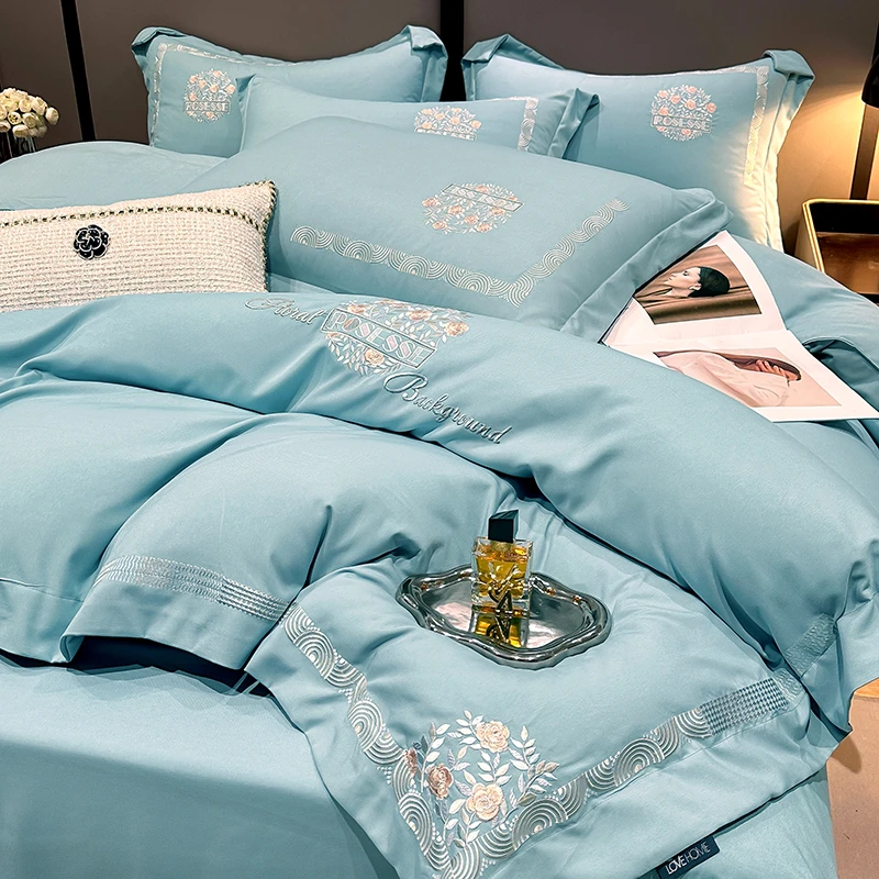 富安娜家纺轻奢新款四季四件套全棉柔软蓝60支高档双面简约加厚