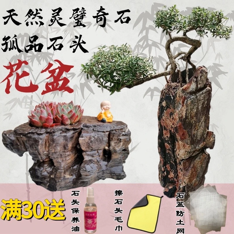 大号灵璧奇石头花盆孤品甄选手工制作异形造景盆老桩盆栽盆景庭院
