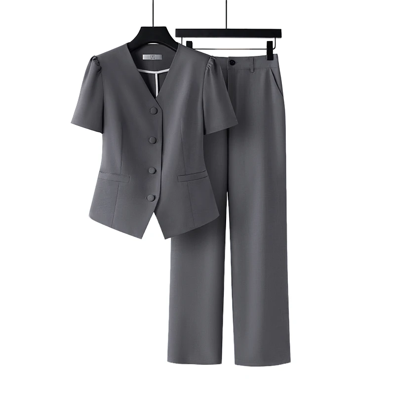 高端灰色西装外套女夏装薄款职业装正装气质女神范短袖西服高级感