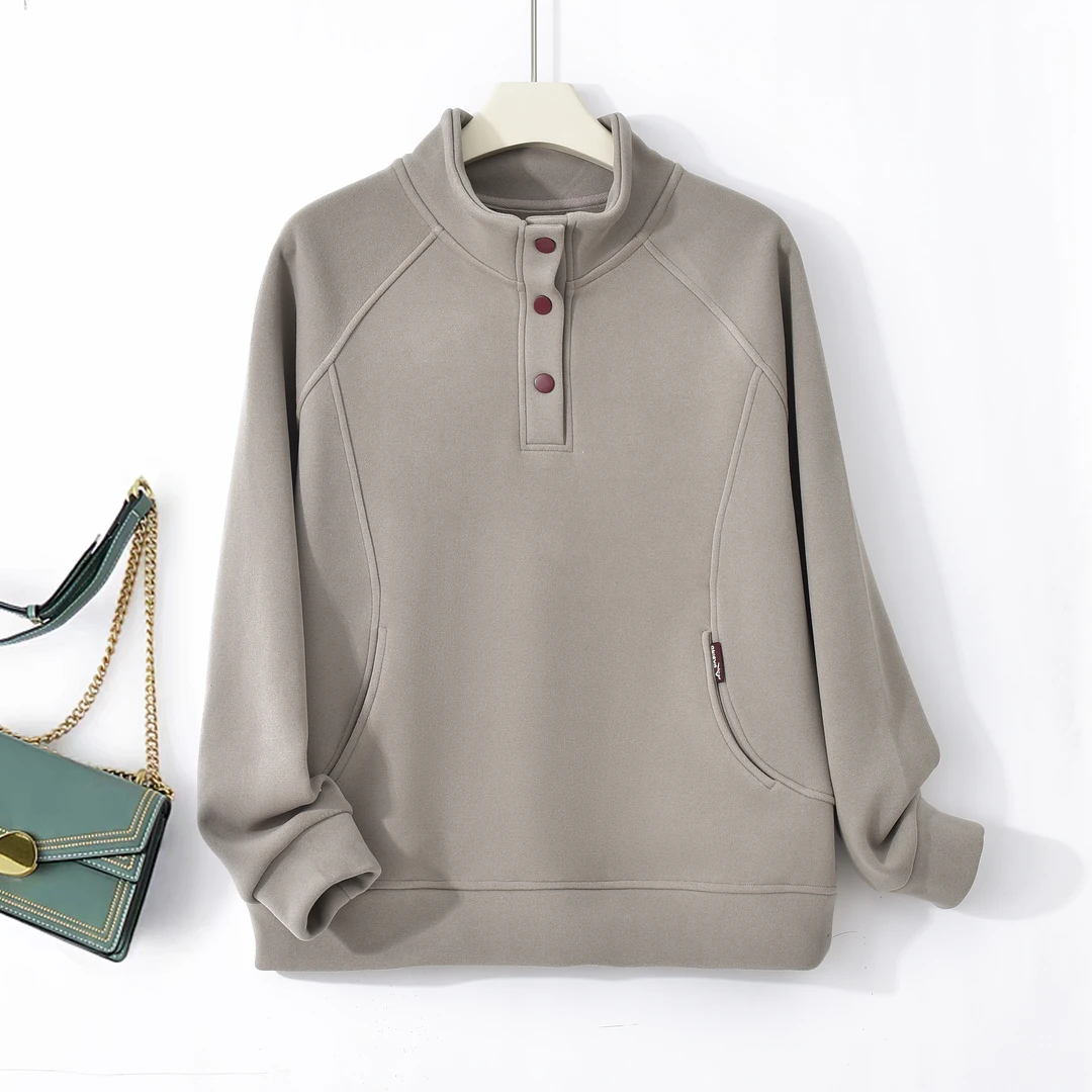 加绒加厚冬季宽松加厚防风锁温上衣休闲半高领纯色防风卫衣女6067