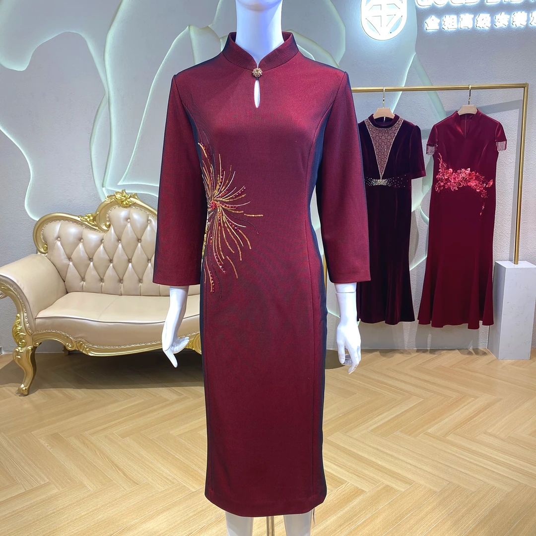 爆款喜服礼服喜婆婆喜妈妈高档气质修身显瘦日常长袖酒红色59065