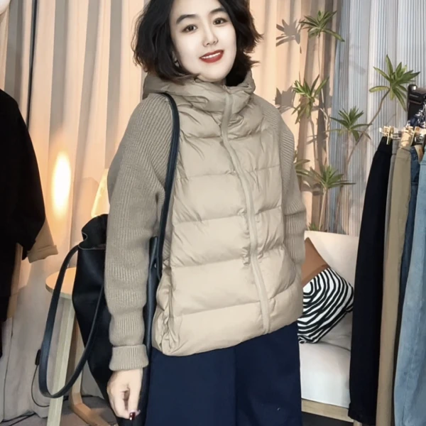 【燕子严选】升级设计款针织拼接连帽显瘦假两件羽绒服