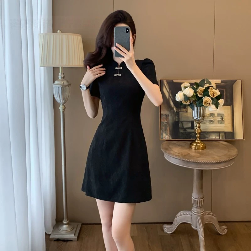 夏天裙子高级女装轻奢气场强大高端小黑裙高贵新国风小个子连衣裙