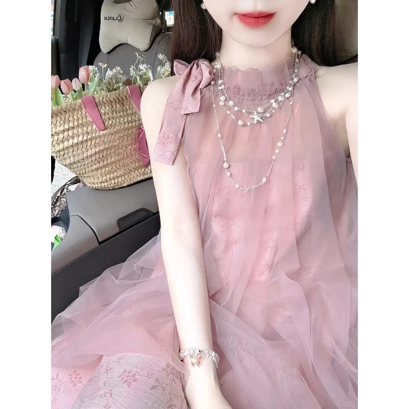 大码挂脖假两件连衣裙女网纱拼接设计感2024夏款新款洋气仙女长裙