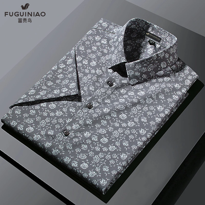 FUGUINIAO/富贵鸟男士短袖衬衫高档中国风轻奢花型时尚夏季衬衣