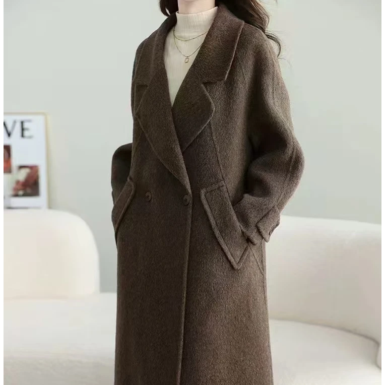 2024韩版百搭轻奢气质时尚休闲宽松版长款毛呢双面呢大衣 女士