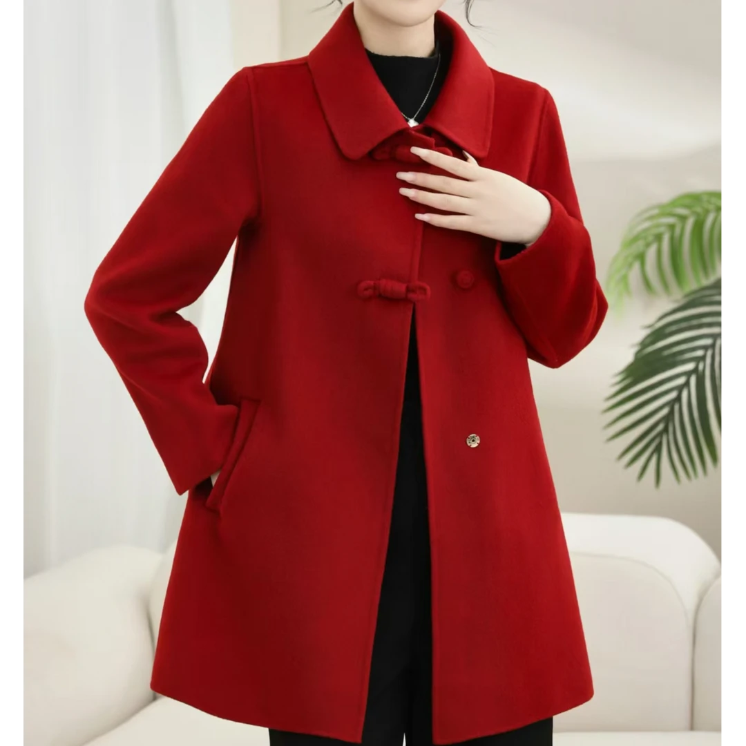 轻奢百搭双面羊毛外套中长款2024一字翻领妈妈款麻绳工艺时尚款女