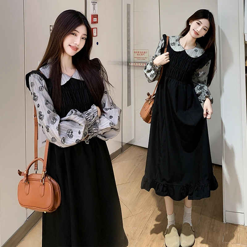 实拍~法式减龄娃娃领拼接假两件黑色连衣裙大码秋季新款显瘦裙子