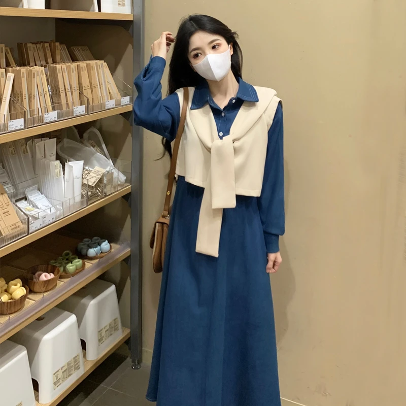 实拍现货早秋款大码磨毛显瘦连衣裙套装学院风裙子马甲上衣两件套