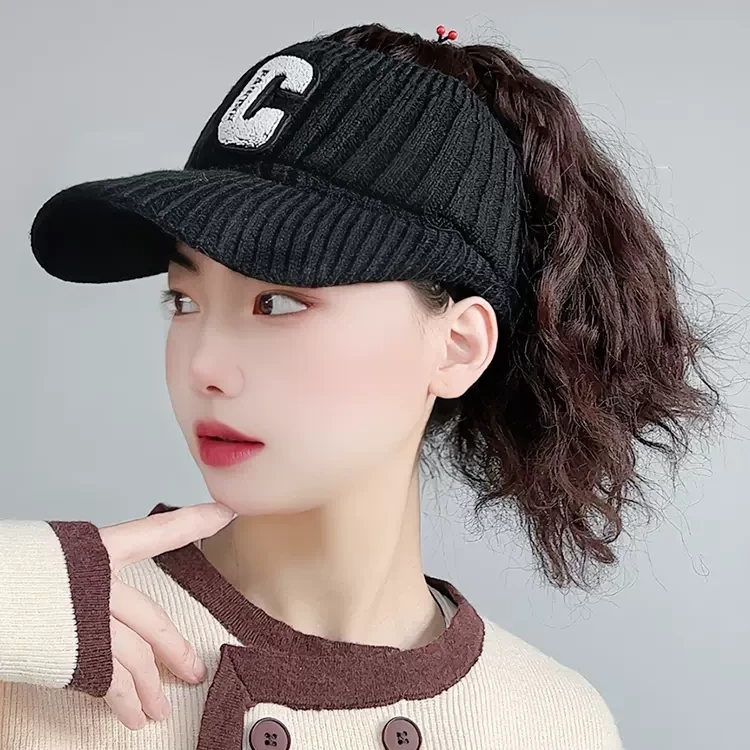 花芽假发帽子一体式时尚减龄秋冬空顶帽加厚款玉米烫马尾造型发型