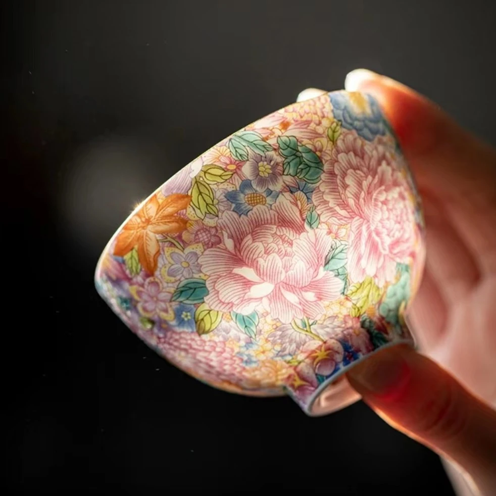 陶生活珐琅彩茶具陶瓷品茗杯手绘扒花礼盒装万花主人杯功夫茶杯