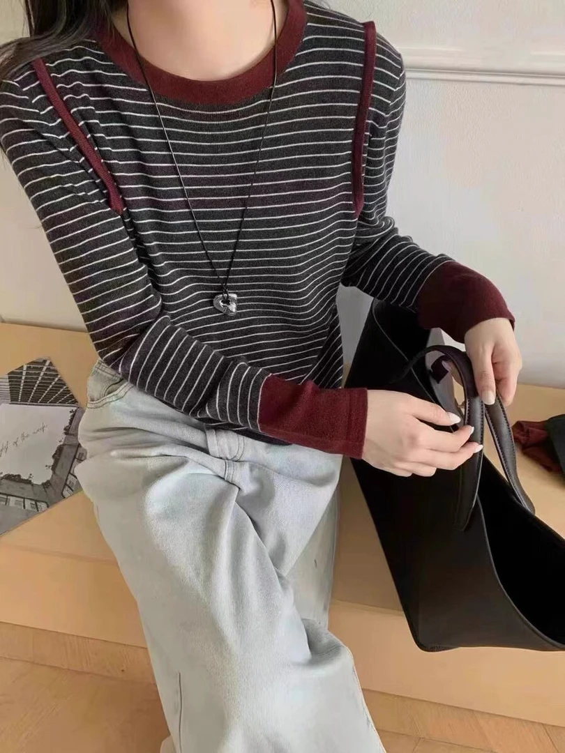高智淡人秋上新条纹撞色圆领长袖针织衫女内搭打底衫显瘦百搭上衣