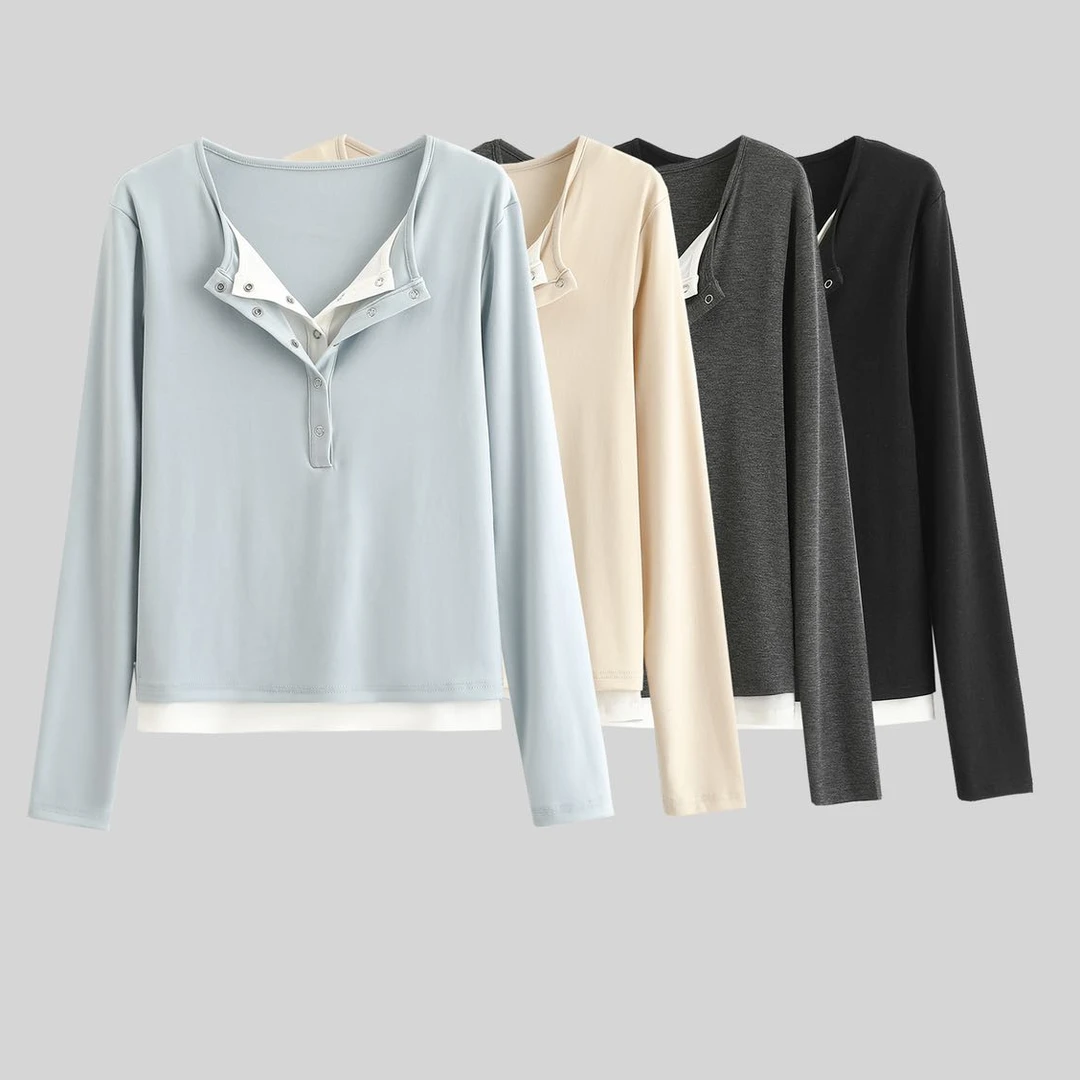 朵儿定制 【温柔生长】双扣领长袖柔软假两件打底衫HX47