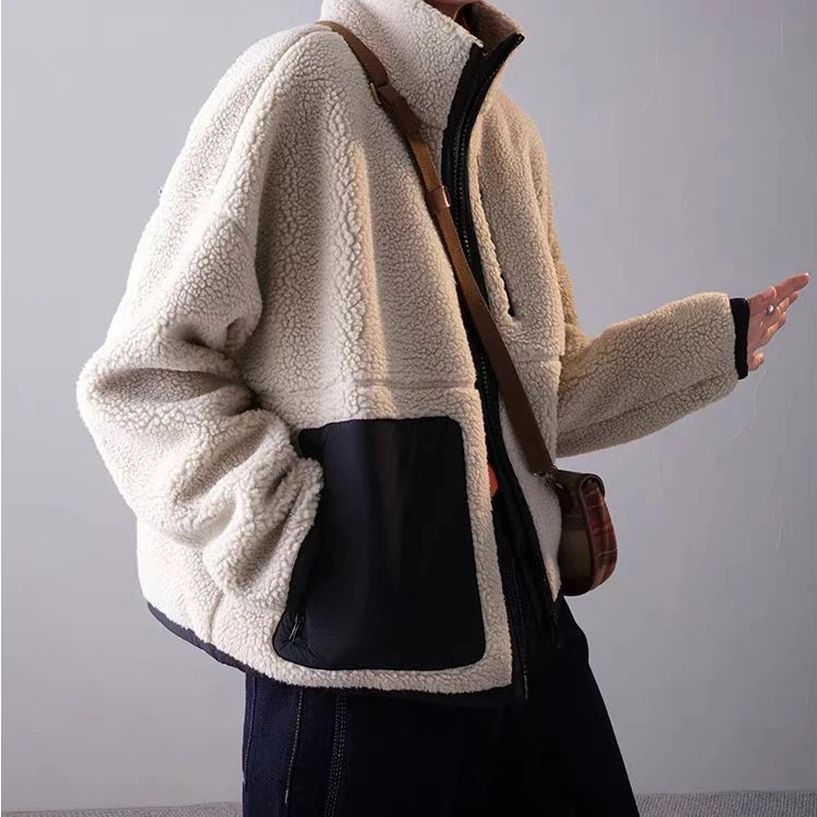 朵儿定制 毛毛拉链外套立领夹克保暖拼接IE37