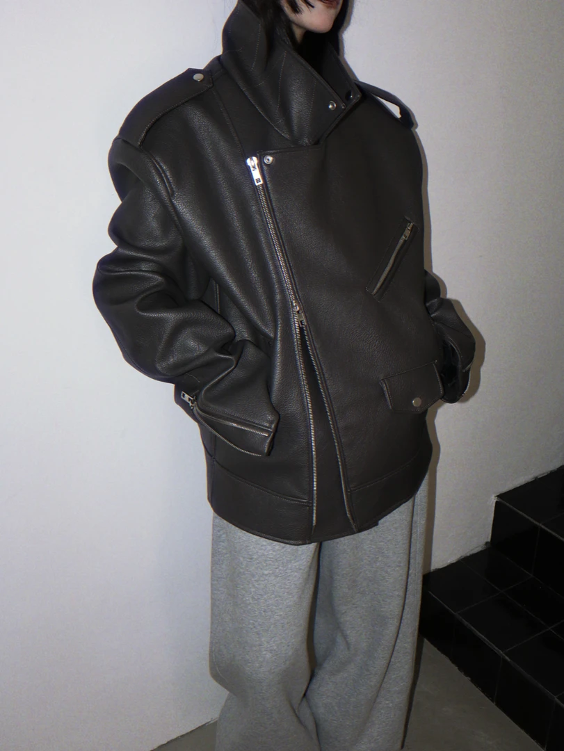 HELLOTANGO《伦敦相遇》小众美式复古潮酷宽松机车夹克皮衣J64009#