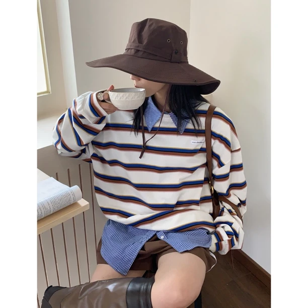 HELLOTANGO《炫色条纹》小众休闲宽松慵懒撞色条纹长袖T恤84439#