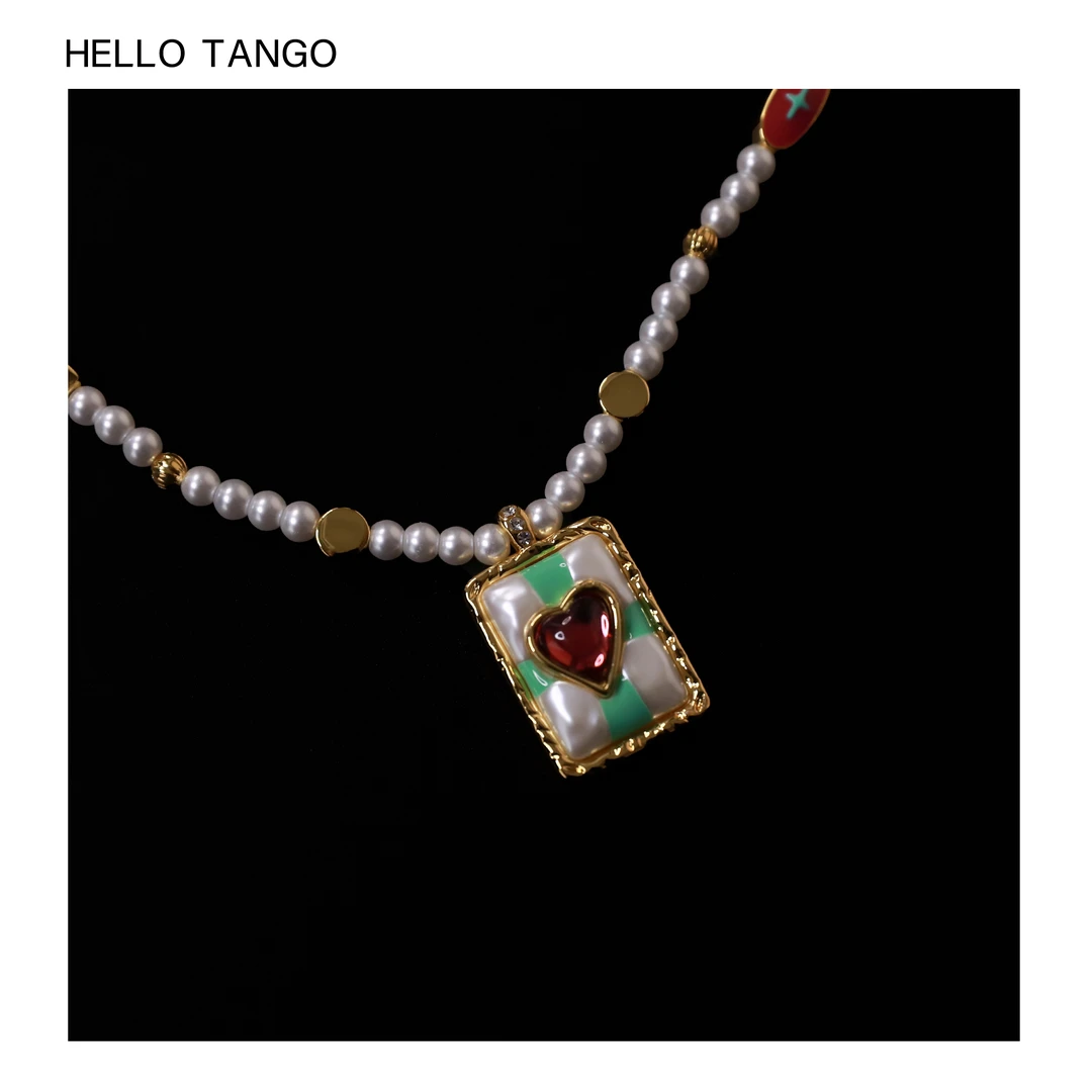 合金项链 HELLOTANGO小众设计多巴胺撞色爱心重工吊坠项链