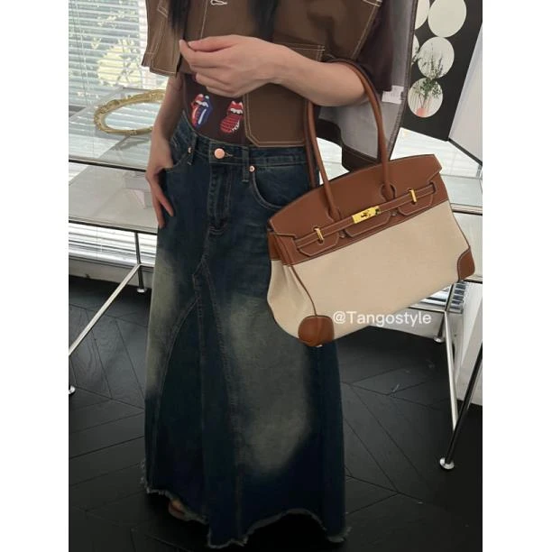 HELLOTANGO《ins穿搭博主》小众设计时尚复古显瘦牛仔半身长裙F88#