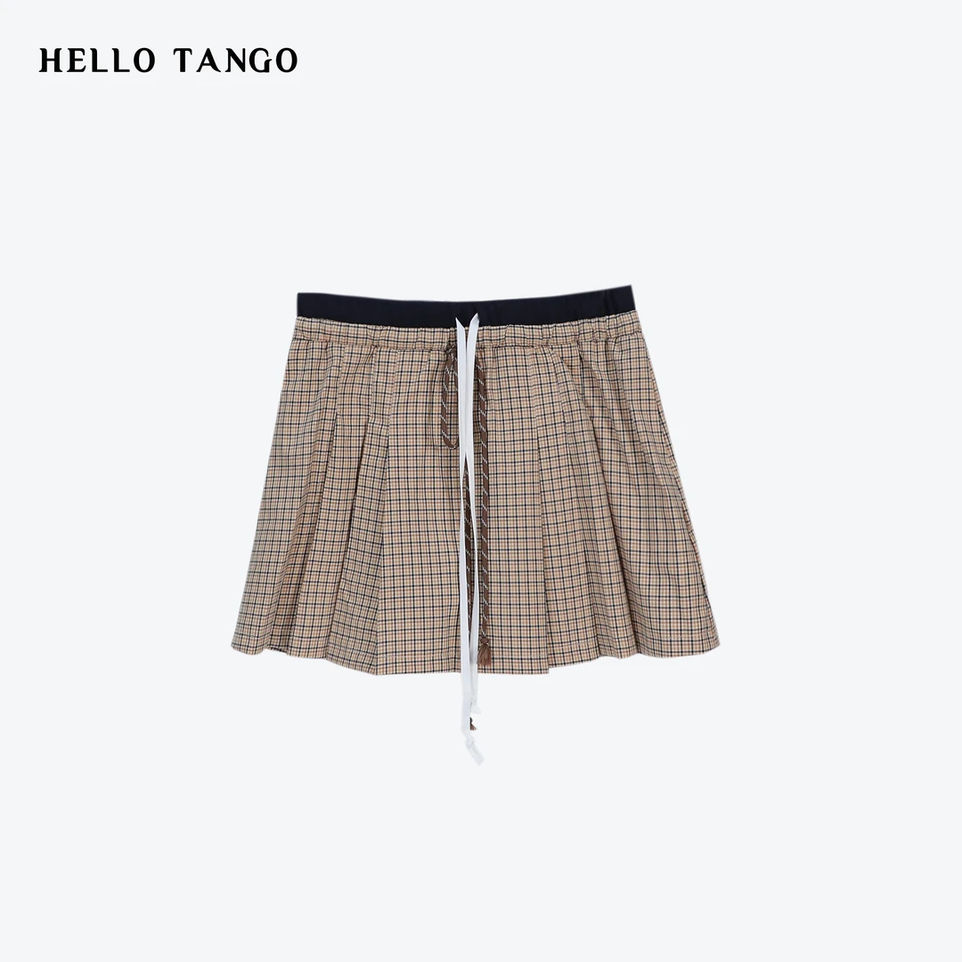 HELLOTANGO《秀场新锐》小众抽绳设计拼接撞色格子百褶短裙84871#