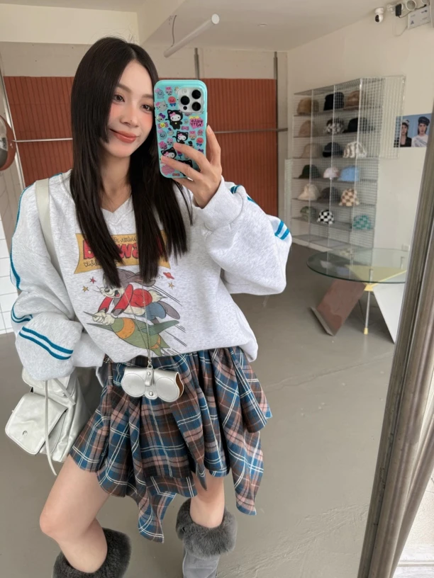 HELLOTANGO《格纹心事》小众复古拼色不规则格纹休闲半身裙241204#