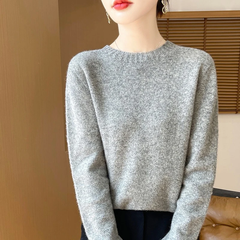 无缝加厚圆领100%羊毛衫女纯色毛衣宽松百搭显瘦羊毛针织打底衫