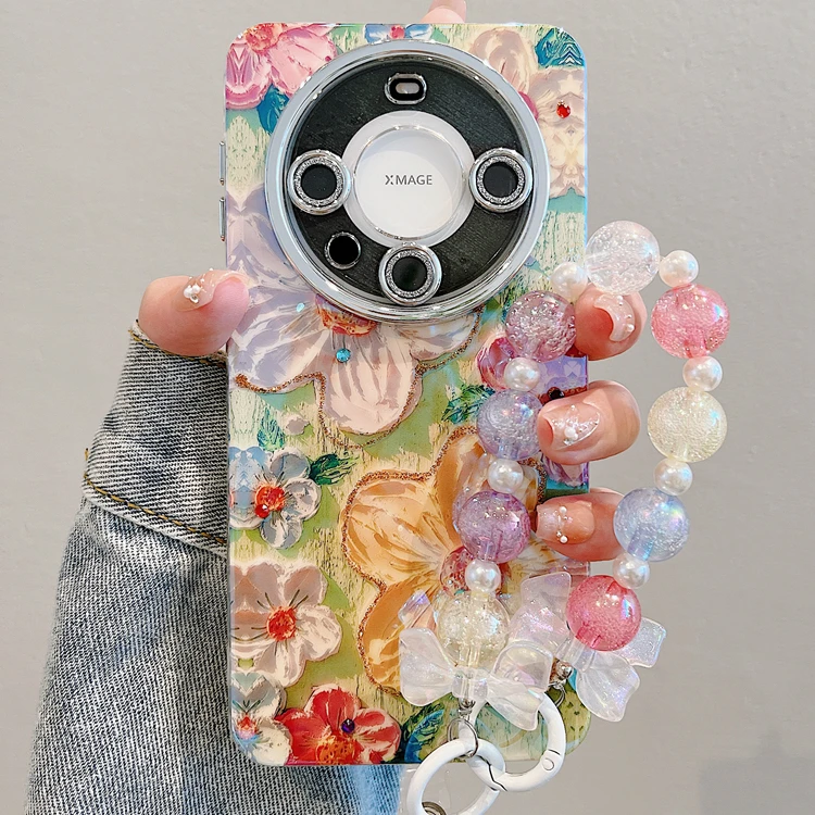 彩色油画花朵适用华为mate60pro+手机壳蓝光彩钻p60pro少女mate50