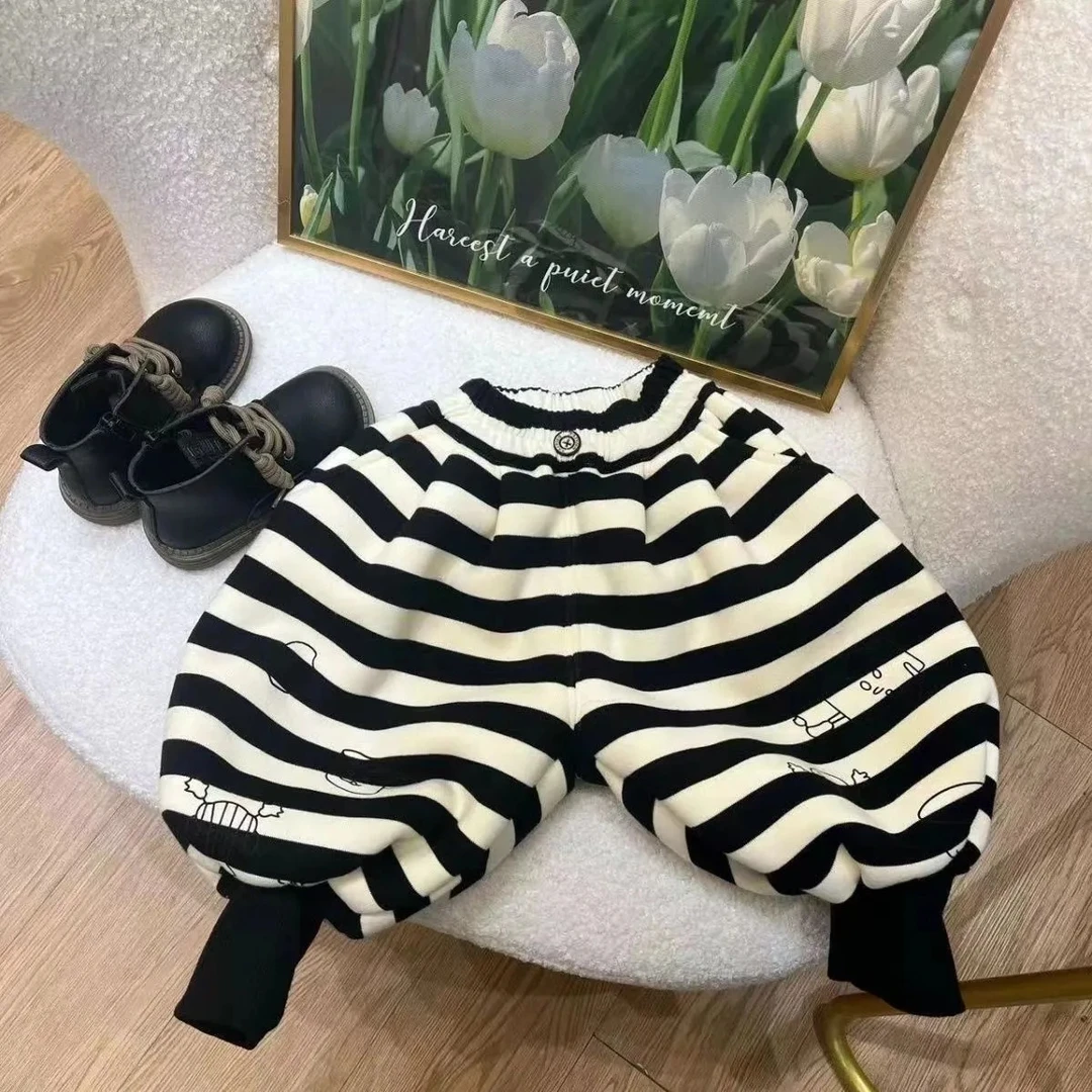 男童女童秋冬2023新款加厚加绒条纹宝宝宽松裤子儿童休闲长裤韩版