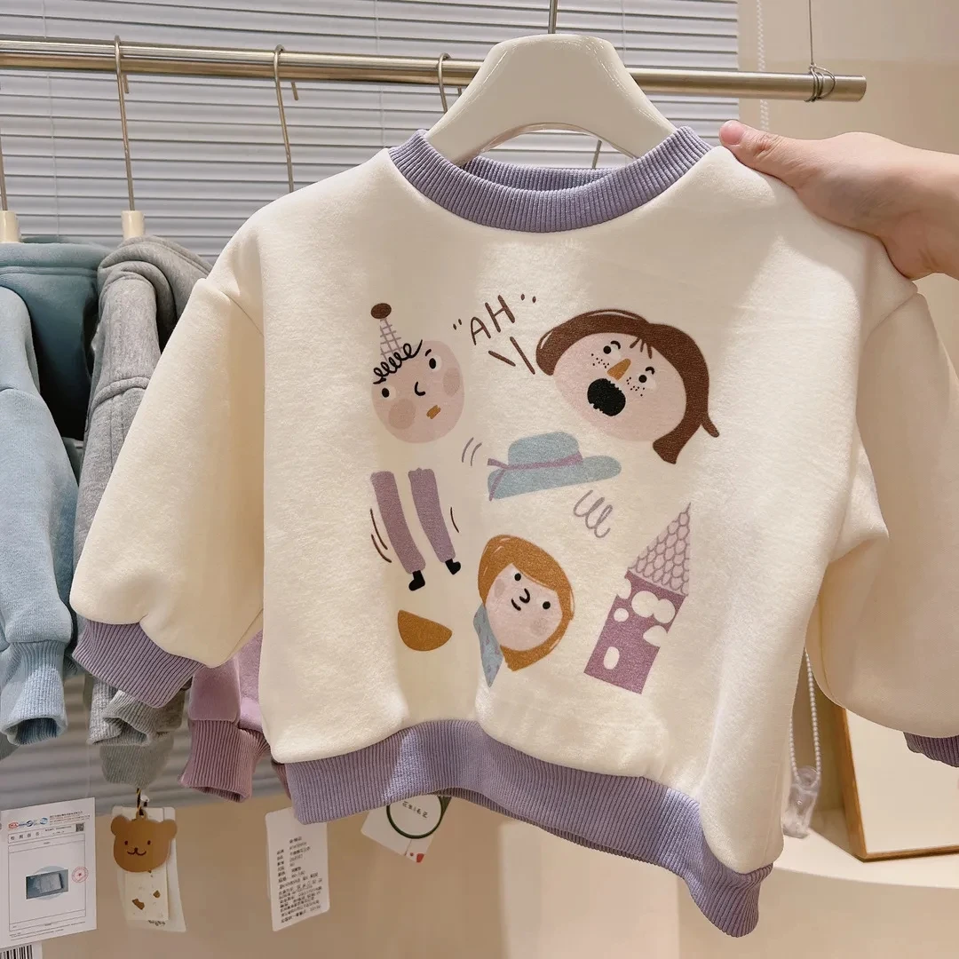 女童套装秋冬加绒加厚韩版童装洋气宝宝衣服卡通加绒卫衣宝宝裤子