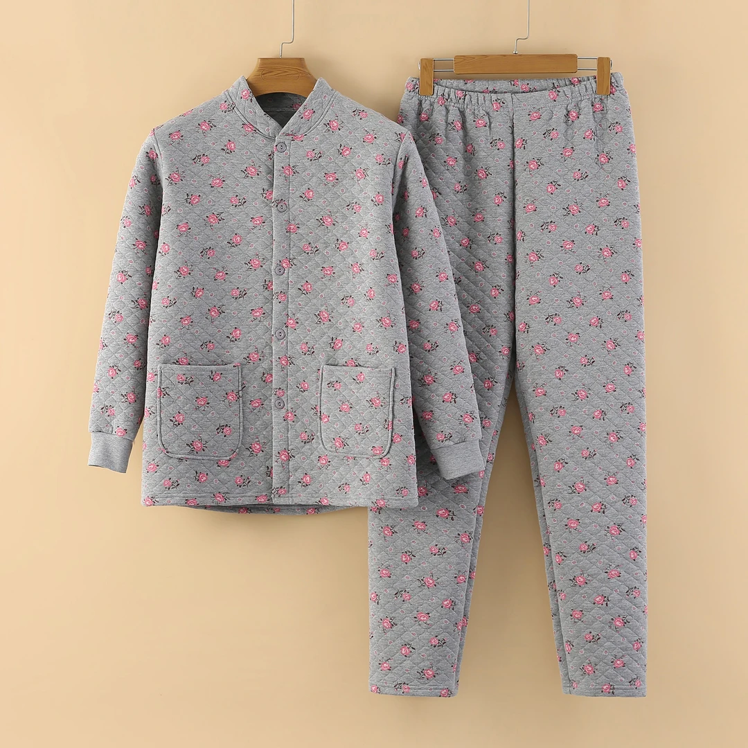 中老年人保暖内衣女纯棉大码三层夹棉家居服秋冬妈妈加厚秋衣秋裤