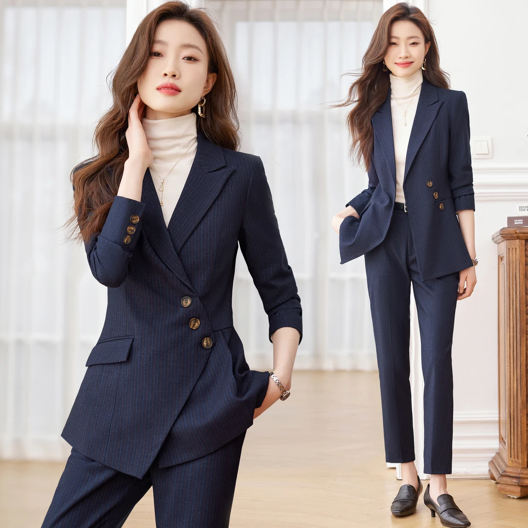 女神范西装套装女2023秋季新款时尚气质职业工装修身显瘦条纹西服
