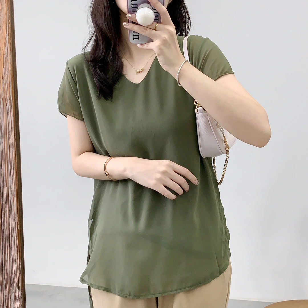 简约V领上衣连肩袖短袖上衣女A0-5288