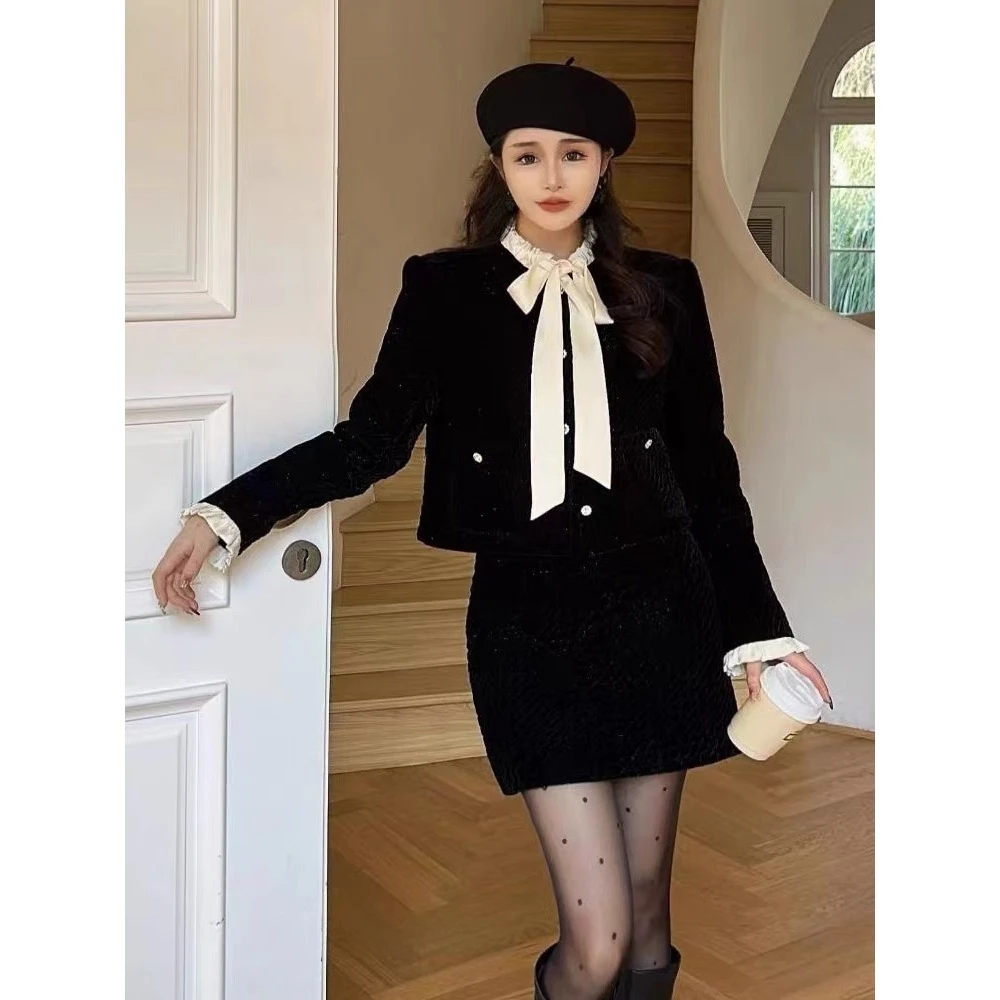 A0-4509蝴蝶结金丝绒小香风套装女羽绒内胆冬季新款半身裙两件套
