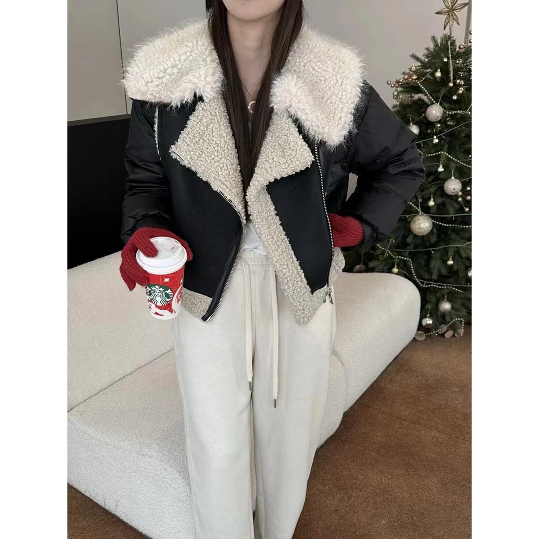 皮衣羽绒服小香风外套时尚气质女短款秋冬大翻领上衣A0-4619