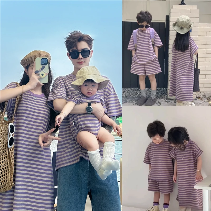 儿童亲子套装夏季男女童一家三口条纹兄妹装网红炸街母女连衣裙潮