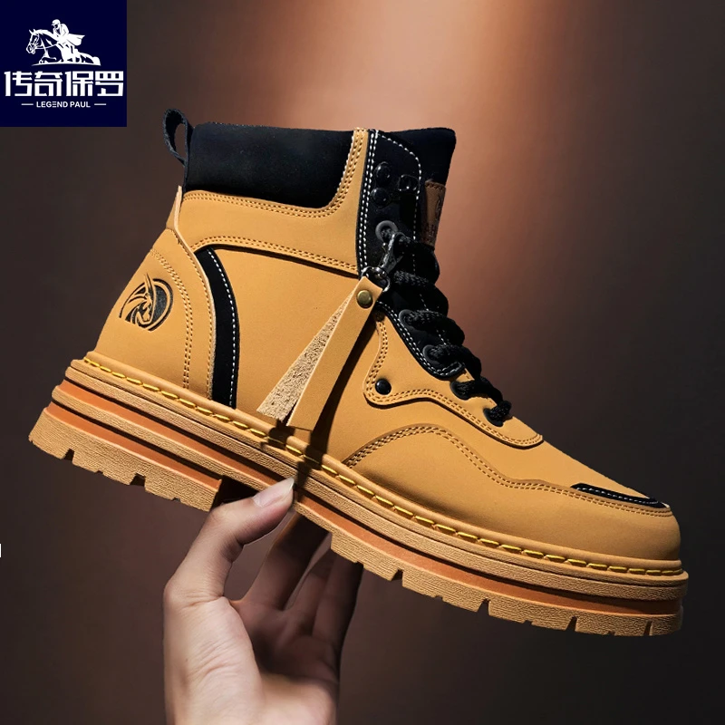 传奇保罗男鞋秋季新款潮流百搭英伦风马丁靴男士厚底时尚高帮潮鞋