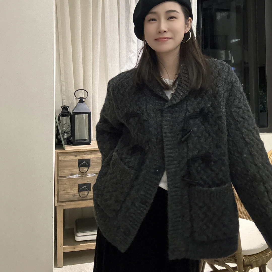 【丽姐女装】超厚实  青果领 全羊毛加厚外套保暖蓬松开衫毛衣M0320