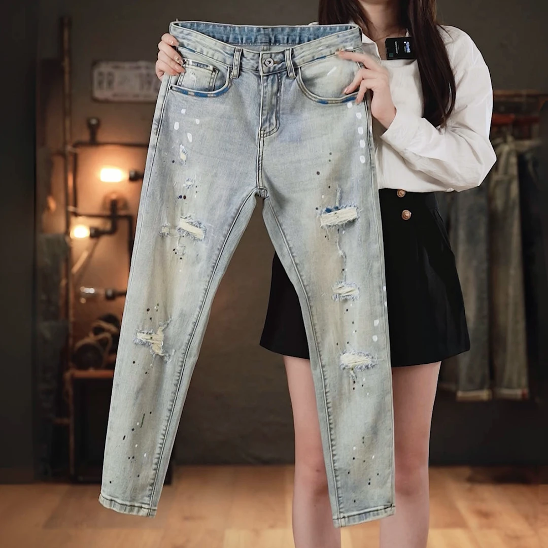 九分裤男士秋冬潮流怀旧复古浅蓝色牛仔裤修身小脚弹力破洞泼墨