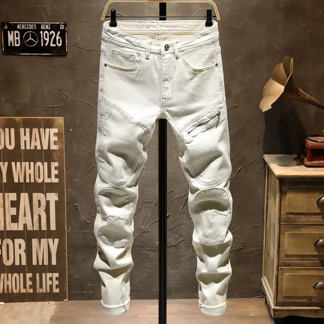 秋冬美式高端潮牌机车牛仔裤男修身拉链拼接弹力时尚米白色休闲