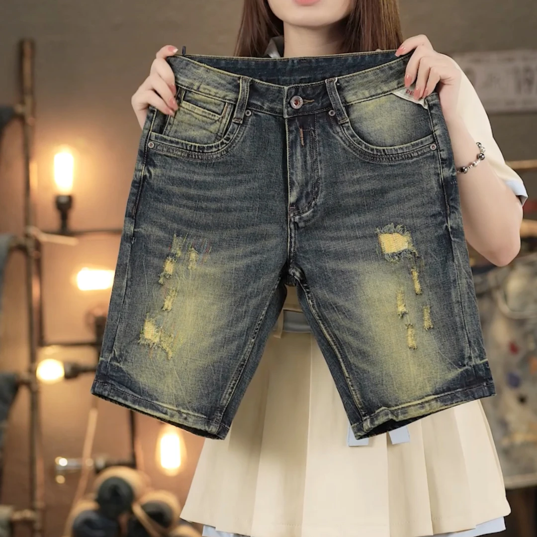 夏季原创高端牛仔裤短裤男士复古怀旧蓝色破洞刺绣中裤五分裤潮牌