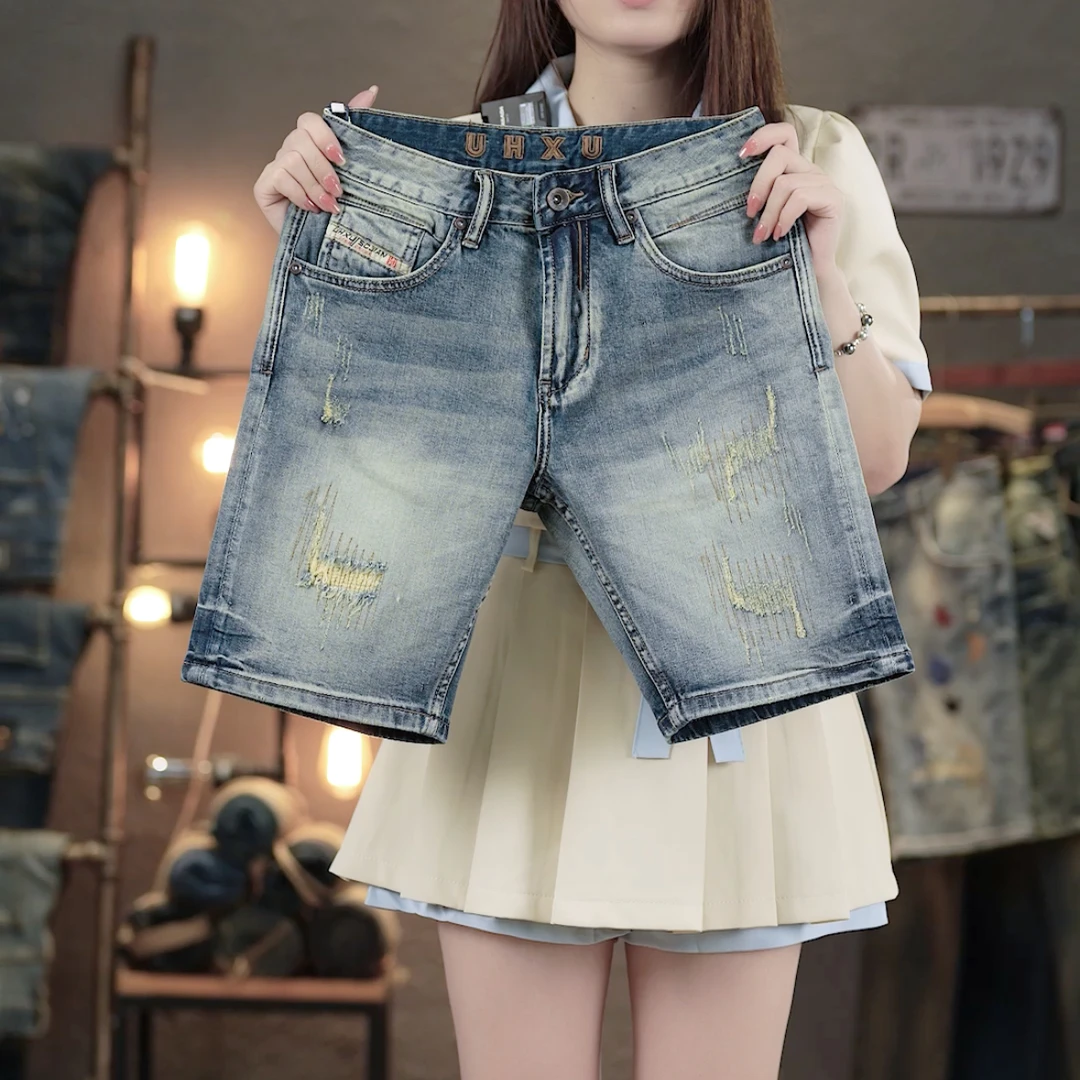 夏季薄款高端男士短裤牛仔裤潮流修身弹力复古怀旧破洞中裤五分裤