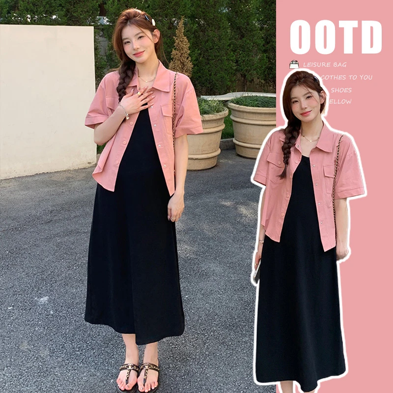 孕妇装套装夏季时尚新款洋气小香风粉色上衣潮妈穿搭吊带裙两件套