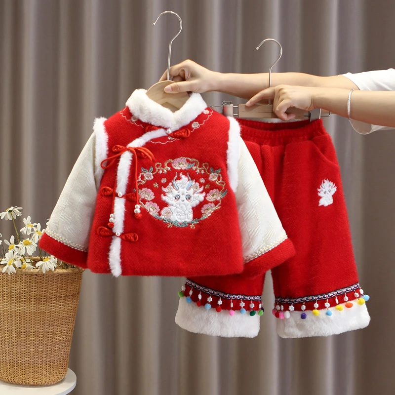 新年拜年服女童唐装古装汉服冬一周岁宴抓周礼服女宝过年喜庆衣服