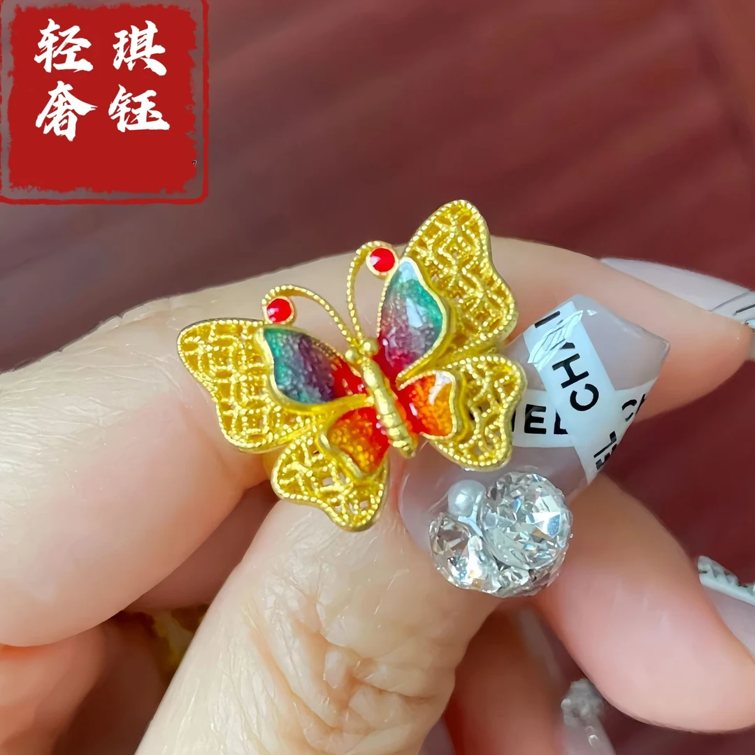 铜合金戒指 金店同款高保色古法珐琅彩镂空花丝五彩蝴蝶戒指活口