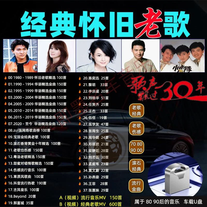 经典老歌车载U盘80 90后怀旧流行金曲高音质车用优盘成名曲音乐