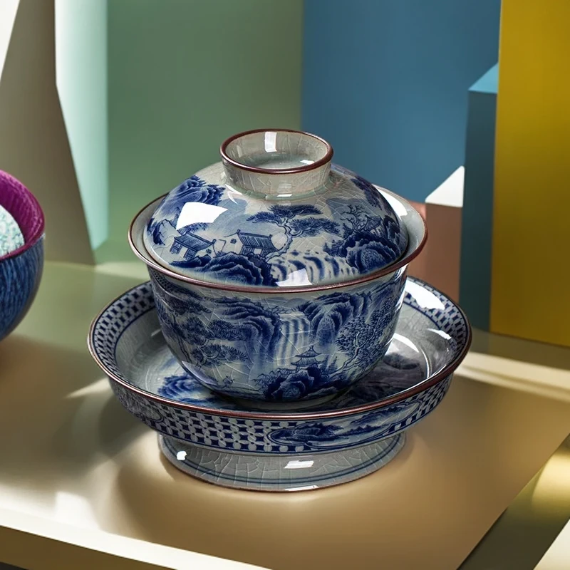 景德镇老陶泥山水高足盖碗陶瓷功夫茶具山水盖碗手工泡茶碗
