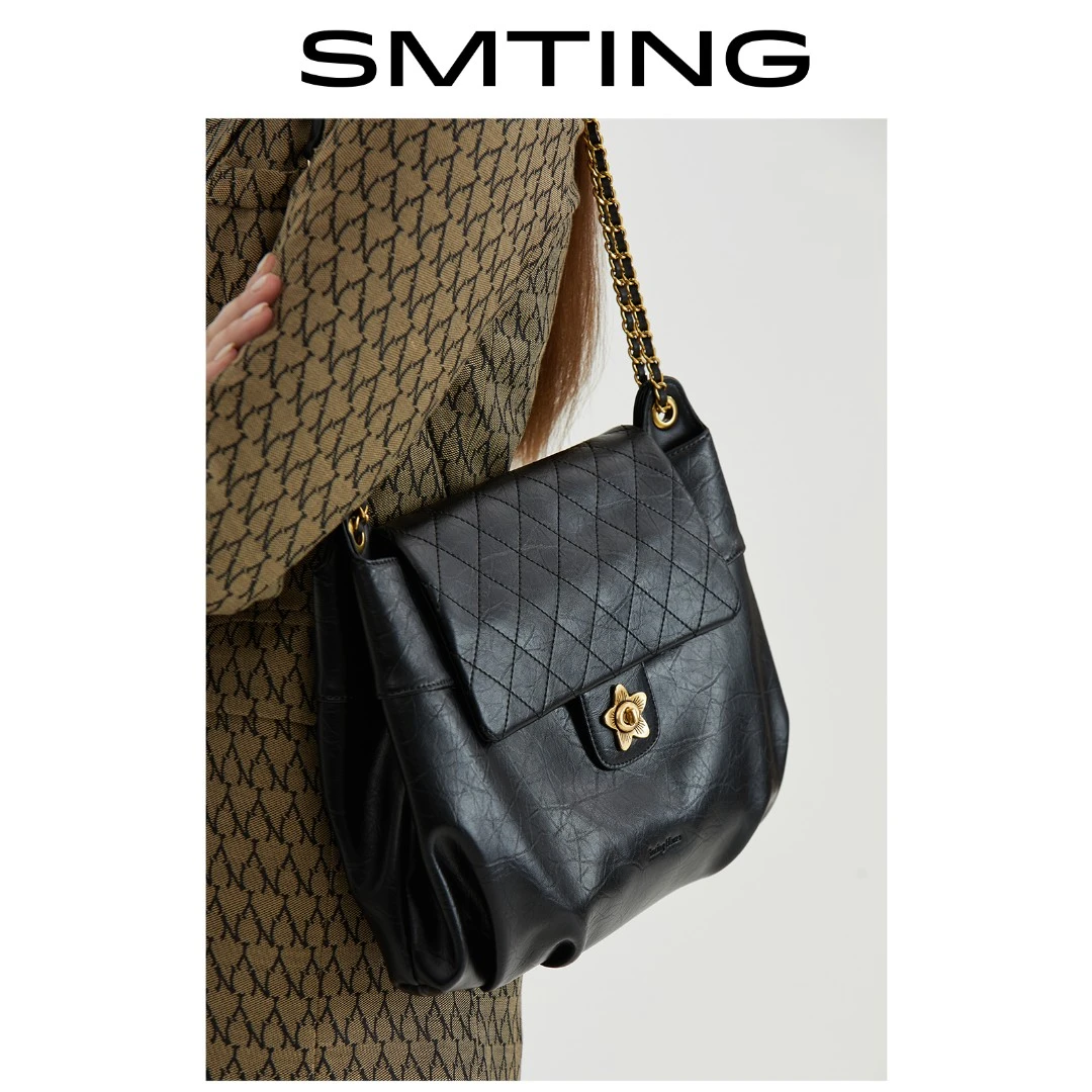 【西木汀】黑森林 小众设计菱格链条包大容量女牛皮