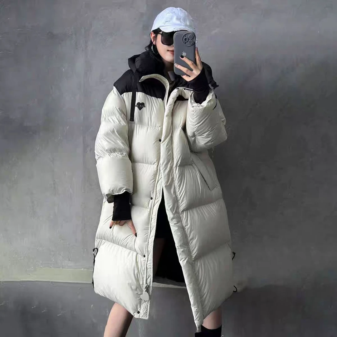 A100#撞色拼接羽绒服女2024年中长款时尚宽松加厚连帽冬季外套